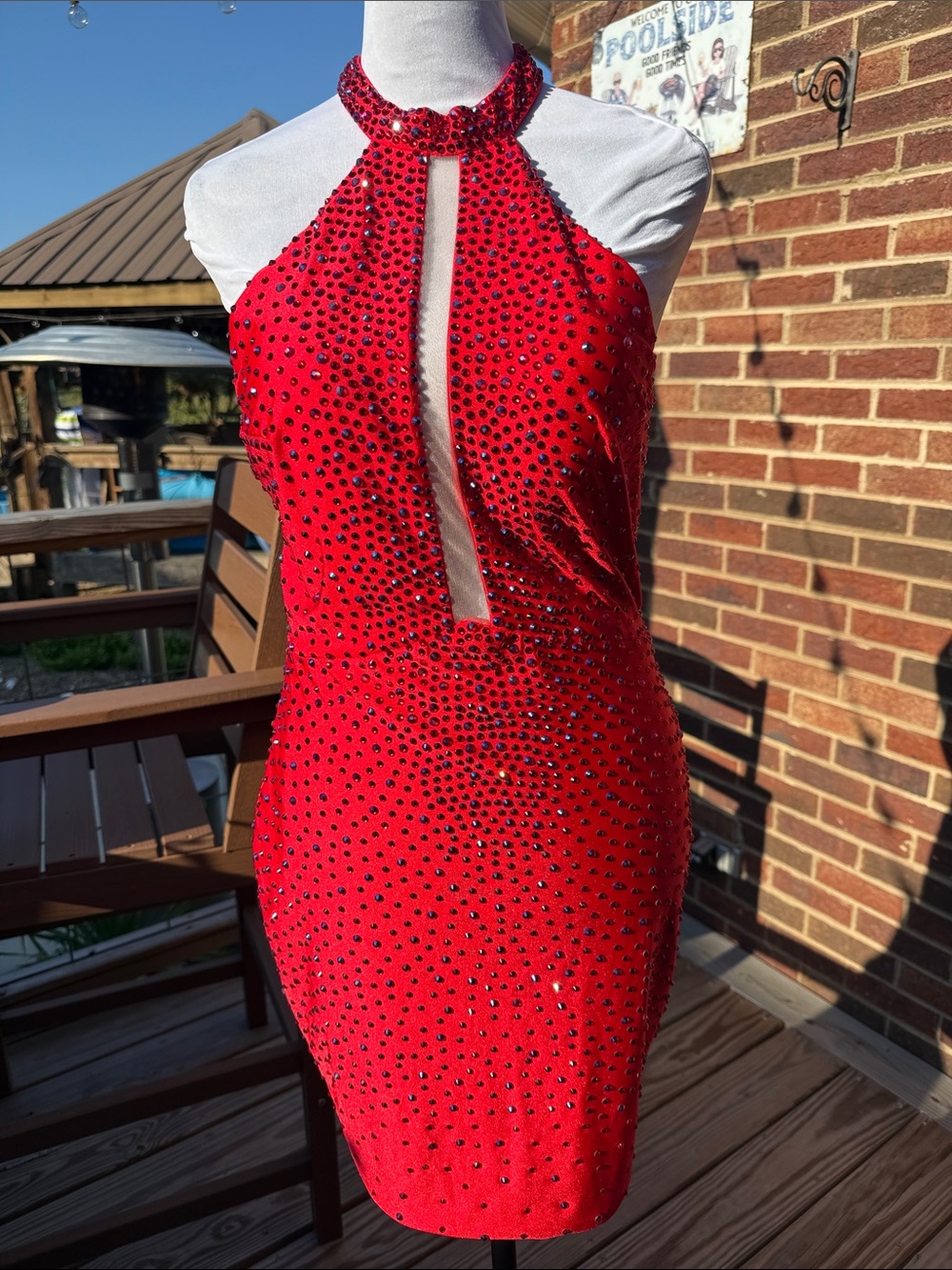 Red Halter Mini Dress with Keyhole and Crystal Embellishments